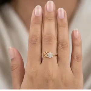 Gold Floral and Leaf Vine Ring with Zircon Crystal Flower Displayed on Female Hand
