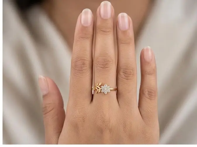Gold Floral Foliage Vine Crystal Ring Hand View Gold Floral and Leaf Vine Ring with Zircon Crystal Flower Displayed on Female Hand