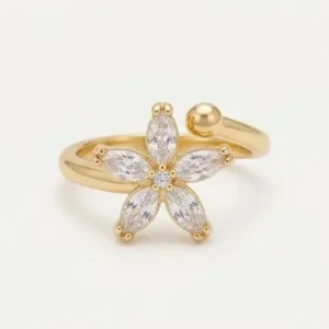 Home Gold Plated Open Ring Featuring 5 Marquise Crystal Petals Flower and Ball Tip End