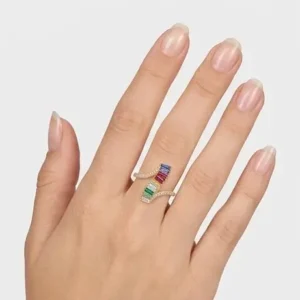 Home Gold Plated Zig-Zag Bypass Ring Set with Colorful Baguette Crystals Displayed on Female Hand