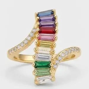 Home gold multicolor baguette crystal zigzag ring front view