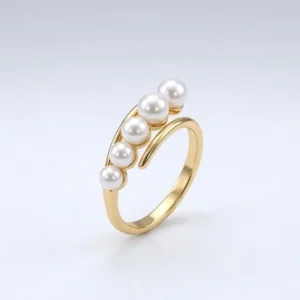 Gold Plated Open Bypass Ring Featuring 5 White Pearls in Arc Arrangement