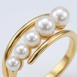 gold plated 5 pearl curved open bypass ring close up detail