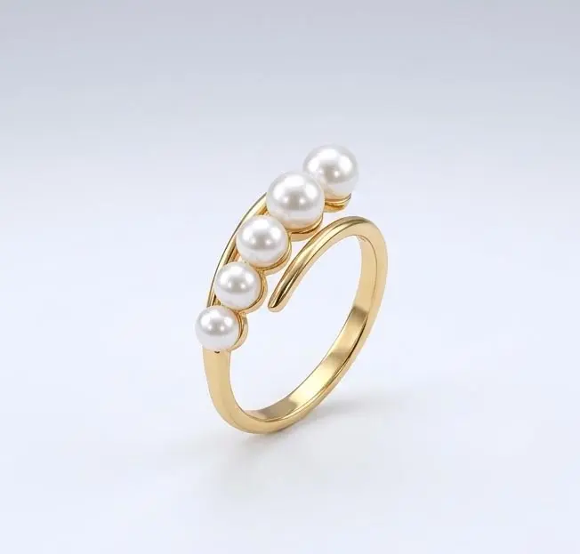 Gold Plated 5 Pearl Open Bypass Ring Gold Plated Open Bypass Ring Featuring 5 White Pearls in Arc Arrangement