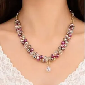 Multi-Color Crystal Beaded Party Necklace with Drop Pendant