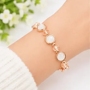 Elegant Opal Stone and Crystal Beaded Bracelet in Rose Gold Frame on Wrist