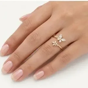 Rose Gold Open Ring with Sparkling Zircon Crystal Butterfly Motifs on Female Hand
