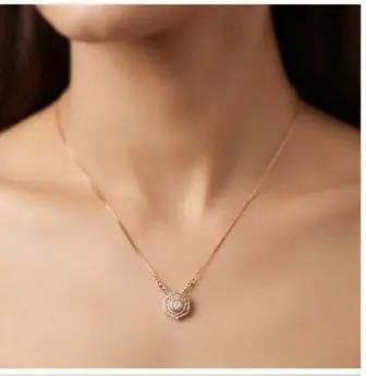 Rose Gold Hexagon Crystal Pendant Necklace Geometric Hexagon Shape Rose Gold Crystal Pendant Necklace on Woman Neck