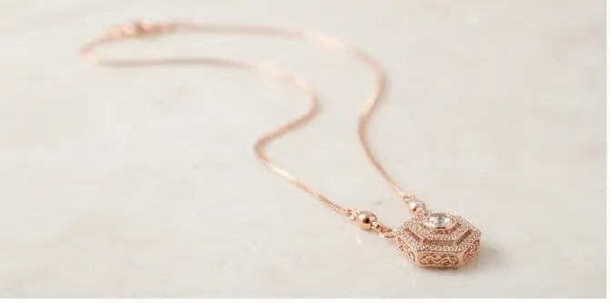 rose gold hexagon crystal pendant perspective view rose gold hexagon crystal pendant perspective view