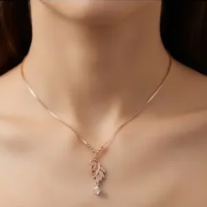 Rose Gold Leaf Shaped Crystal Pendant Necklace with Hanging Crystal Drop on Woman Neck
