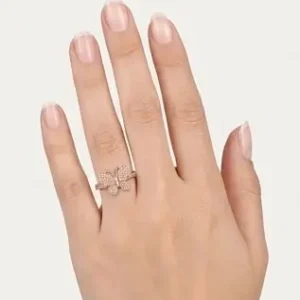 Home rose gold pave crystal butterfly ring on hand