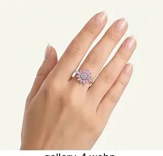 Rose Gold Pink Sunflower Crystal Ring Rose Gold Sunflower Shaped Ring with Pink Petal Crystals and White Center Cluster on Female Hand
