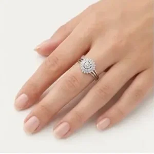 Rose Gold and Silver Dual Tone Circular Floral Crystal Cluster Ring on Female Hand Model