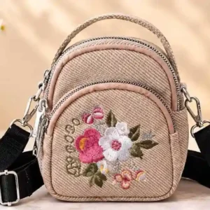 Stylish beige textured mini crossbody bag and backpack with floral embroidery and strap at Sabuj Hub