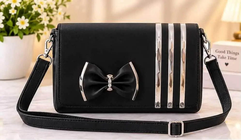 Black Bow and Stripe Crossbody Bag Stylish black crossbody shoulder bag with decorative bow and silver stripe accents at Sabuj Hub