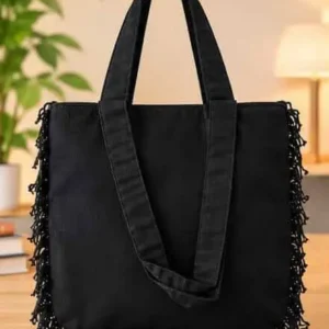 sabuj hub black fringe tote bag front view.
