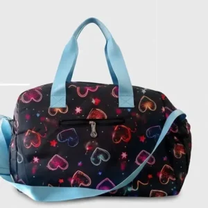 Front view of Sabuj Hub black travel and duffle bag featuring glowing heart and star prints with light blue straps