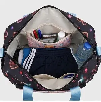 sabuj hub black heart and star print travel bag interior view. sabuj hub black heart and star print travel bag interior view.