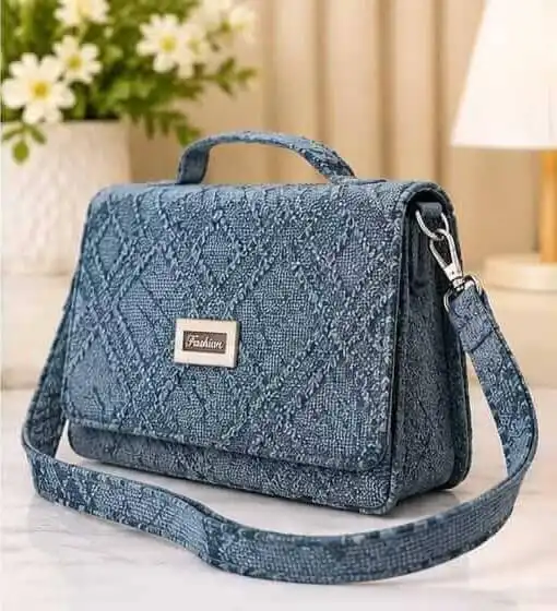 sabuj hub blue textured flap shoulder bag side angle view sabuj hub blue textured flap shoulder bag side angle view