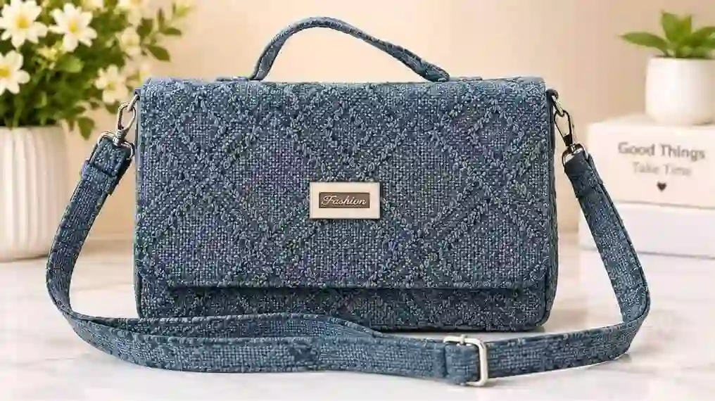Blue Textured Flap Shoulder and Crossbody Bag Stylish blue textured flap shoulder and crossbody bag with top handle and strap at Sabuj Hub
