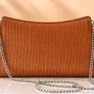 Elegant brown pleated shoulder bag and clutch purse with silver chain strap at Sabuj Hub