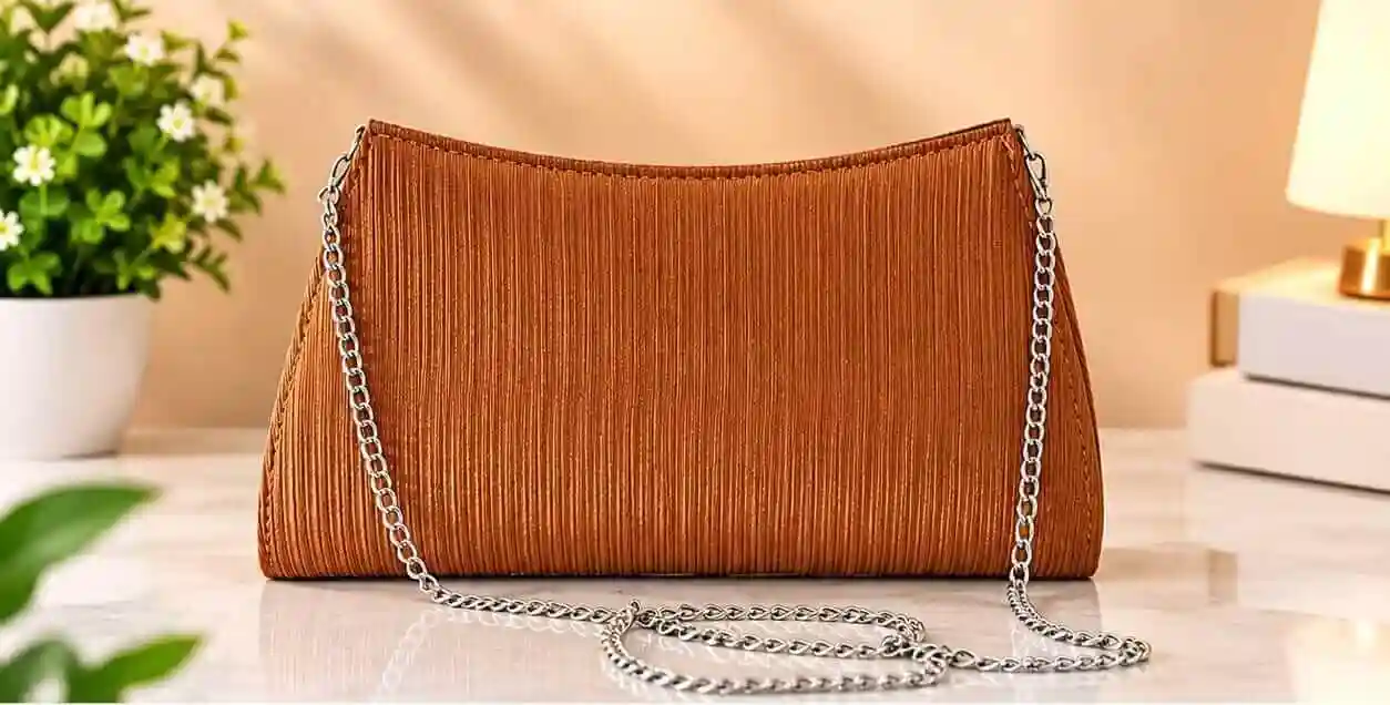 Brown Pleated Shoulder Bag and Clutch Elegant brown pleated shoulder bag and clutch purse with silver chain strap at Sabuj Hub