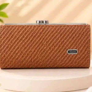 Stylish brown textured ladies purse and wallet with metallic frame and lock at Sabuj Hub
