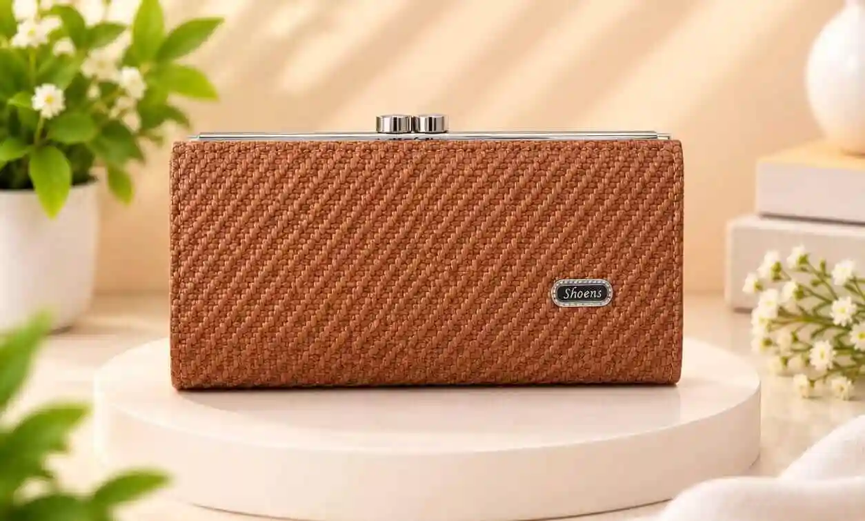 Brown Textured Ladies Wallet and Purse Stylish brown textured ladies purse and wallet with metallic frame and lock at Sabuj Hub