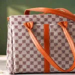 Sabuj Hub elegant check and monogram patterned handbag featuring brown handles and vertical accent stripe