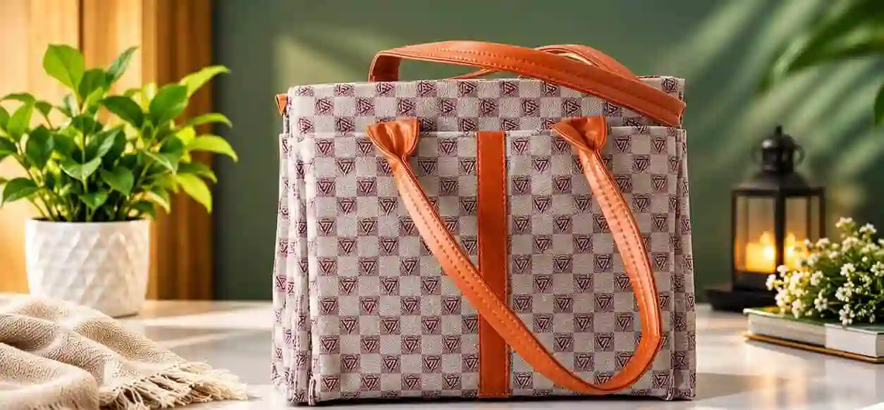 Check & Monogram Print Handbag with Brown Straps Sabuj Hub Sabuj Hub elegant check and monogram patterned handbag featuring brown handles and vertical accent stripe