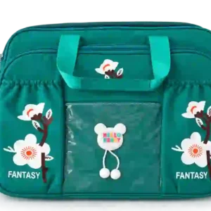 Sabuj Hub stylish green Fantasy brand travel handbag with floral embroidery and cute bear patch
