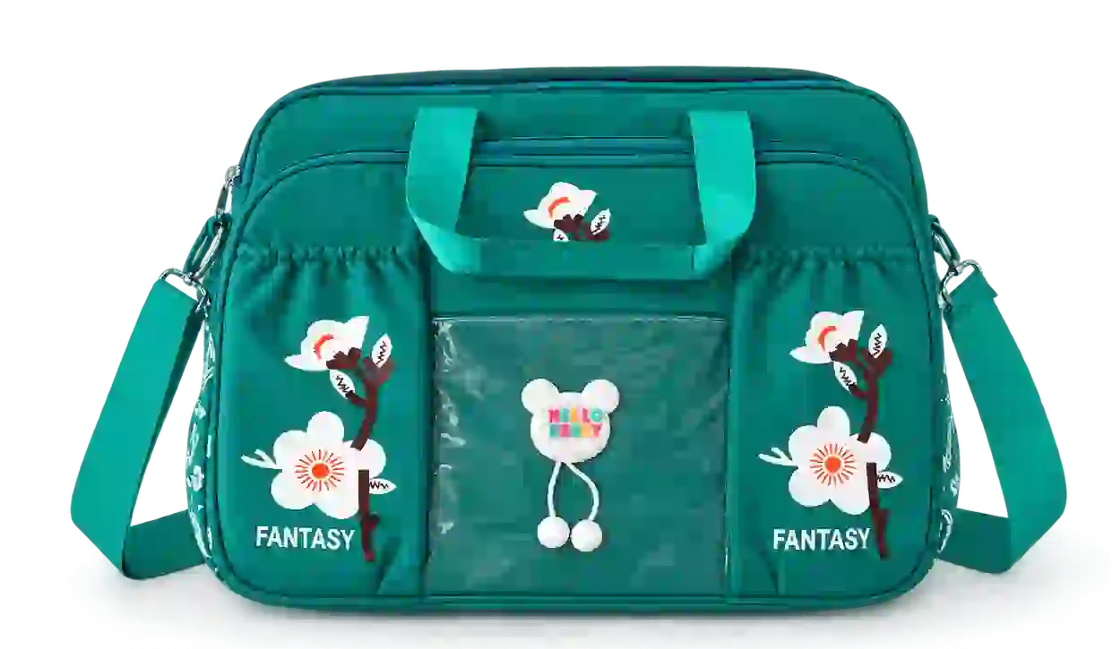 Fantasy Green Floral Print Travel Handbag Sabuj Hub Sabuj Hub stylish green Fantasy brand travel handbag with floral embroidery and cute bear patch