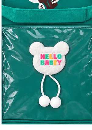 sabuj hub fantasy green handbag hello baby patch closeup sabuj hub fantasy green handbag hello baby patch closeup