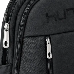 sabuj hub hunter black backpack logo and zipper closeup