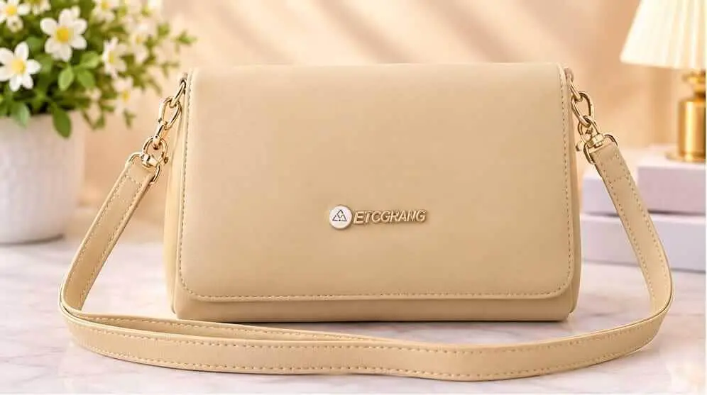 Light Cream ETBGRANG Crossbody Bag Stylish light cream crossbody shoulder bag with golden chain accents and ETBGRANG logo at Sabuj Hub