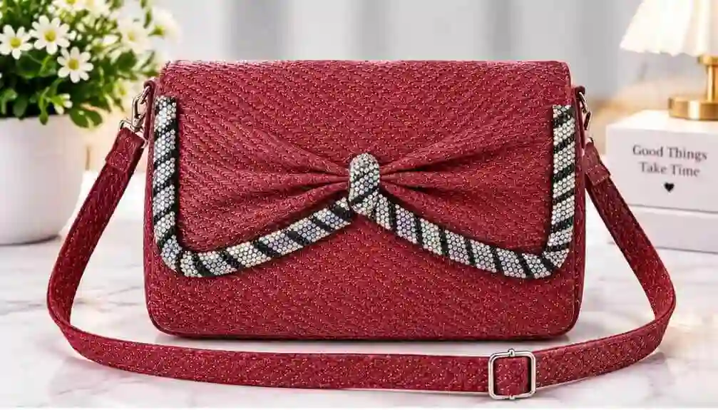 sabuj hub maroon crystal bow crossbody bag Stylish maroon crossbody shoulder bag with sparkly crystal bow embellishment at Sabuj Hub