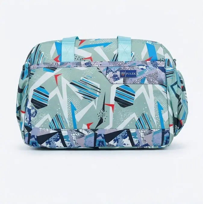 Mint Green Geometric Print Travel Bag Front View Sabuj Hub Front view of Sabuj Hub mint green geometric and abstract print travel bag with straps