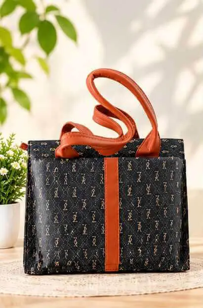 Monogram Print Handbag with Brown Straps Sabuj Hub Sabuj Hub stylish monogram patterned handbag featuring brown handles and vertical accent stripe