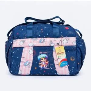 Front view of Sabuj Hub navy blue travel bag featuring cartoon print and pink striped pattern