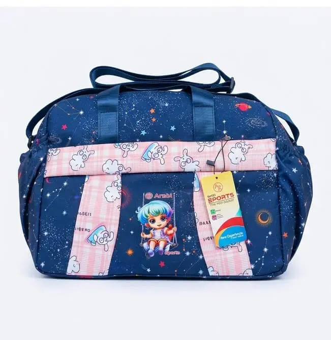 Navy Blue Cartoon Print Travel Bag Front View Sabuj Hub Front view of Sabuj Hub navy blue travel bag featuring cartoon print and pink striped pattern