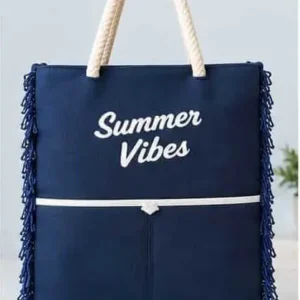 Front view of Sabuj Hub navy blue canvas tote bag featuring Summer Vibes text print, rope handles, and side fringes detail