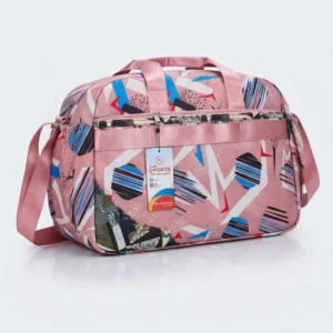 Front view of Sabuj Hub pink geometric and abstract print travel bag with straps