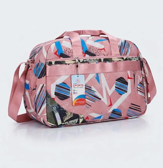 Pink Geometric Print Travel Bag Front View Sabuj Hub Front view of Sabuj Hub pink geometric and abstract print travel bag with straps