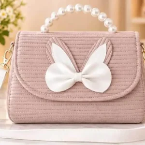 Cute pink crossbody shoulder bag with pearl handle and white bunny bow design at Sabuj Hub