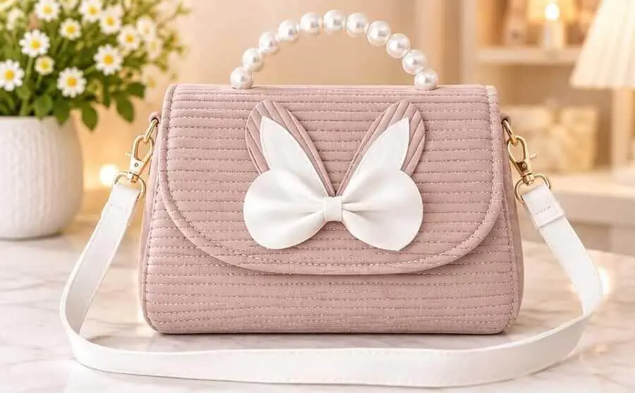 Pink Pearl Handle Bunny Bow Crossbody Bag Cute pink crossbody shoulder bag with pearl handle and white bunny bow design at Sabuj Hub