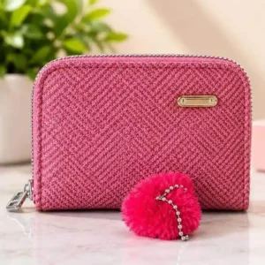 Cute pink textured mini wallet and coin purse with zipper and pom pom charm at Sabuj Hub