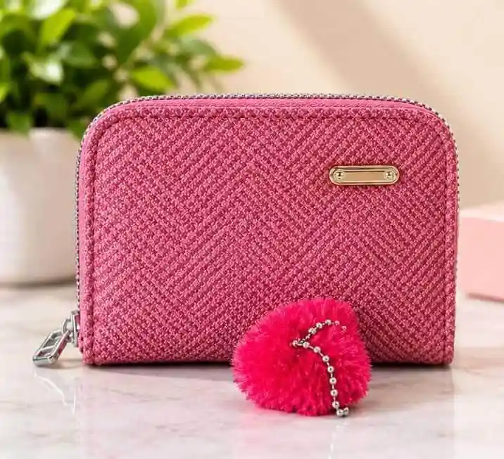 Pink Textured Mini Wallet and Coin Purse Cute pink textured mini wallet and coin purse with zipper and pom pom charm at Sabuj Hub