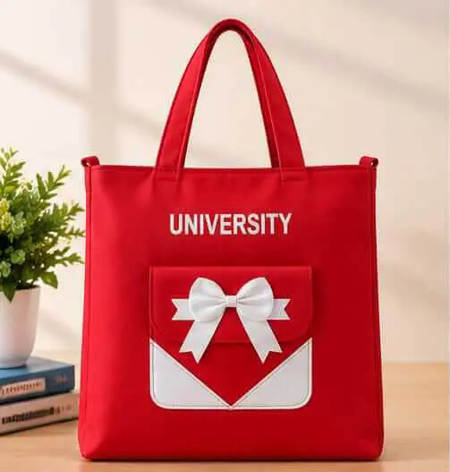 Red University Bow Tote Bag Front View Sabuj Hub Front view of Sabuj Hub red canvas tote bag featuring UNIVERSITY text print and white bow pocket detai