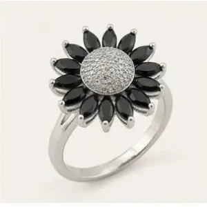 Silver Sunflower Shaped Ring with Black Marquise Petal Crystals and White Center Cluster