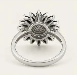 silver black white sunflower crystal ring back underside view